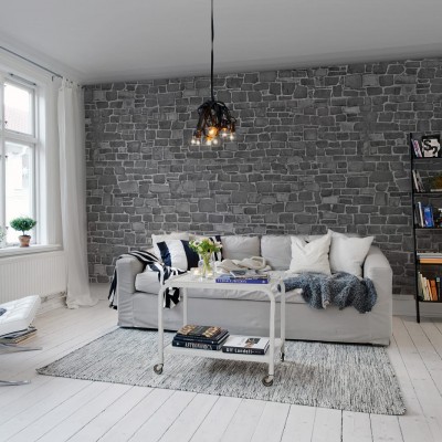 Tapet modern Stonewall Black, cu un design din piatră gri, ideal pentru a crea o atmosferă contemporană și rafinată.