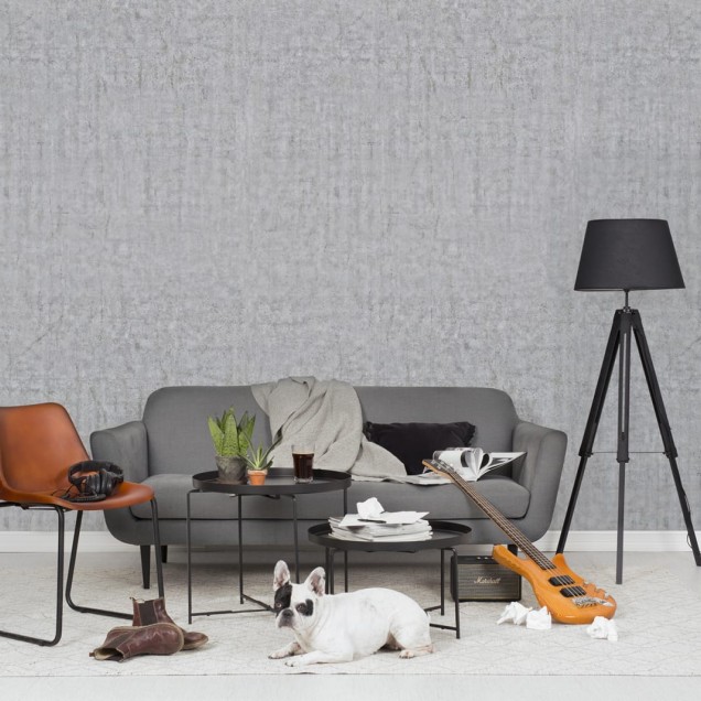 Tapet cu aspect de beton gri deschis, in livingul unei case modern decorate in stil minimalist.