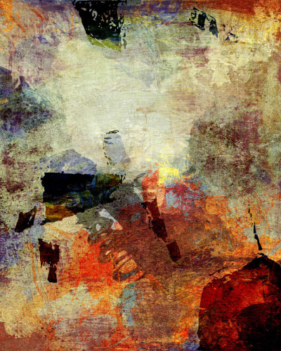 Tapet abstract Dusky Pigment, cu nuante de gri, maro si albastru, in decorul unui dormitor modern.
