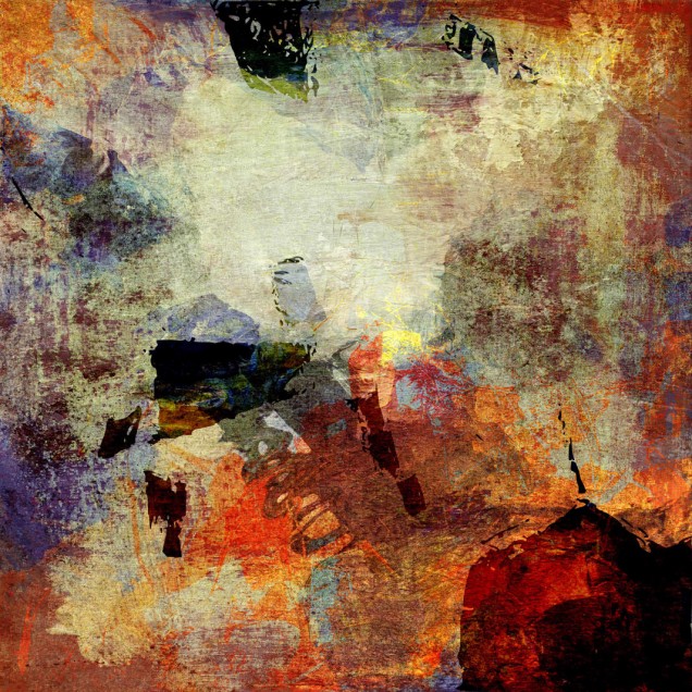 Tapet abstract Dusky Pigment, cu nuante de gri, maro si albastru, in decorul unui dormitor modern.