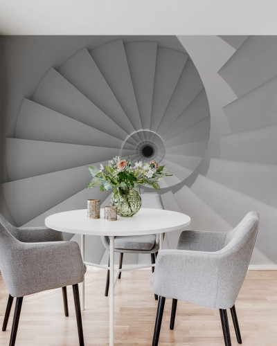 Tapet cu design geometric, cu o scara in spirala, in nuante de gri,  in interiorul unui spatiu modern.