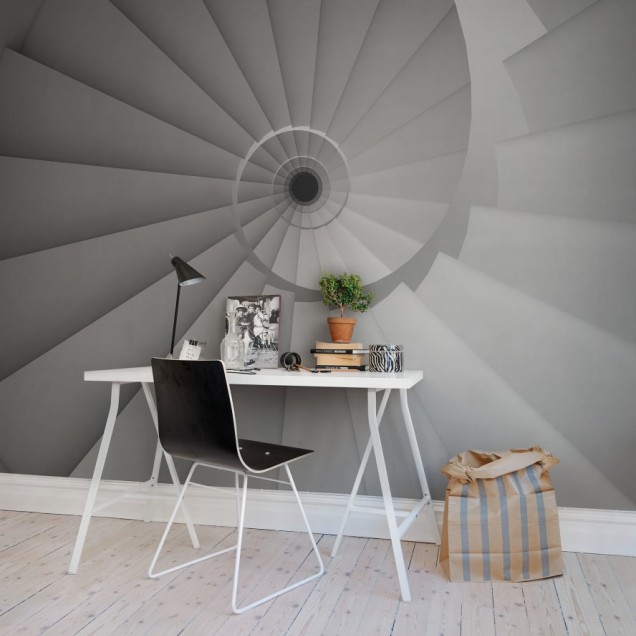 Tapet cu design geometric, cu o scara in spirala, in nuante de gri,  in interiorul unui spatiu modern.