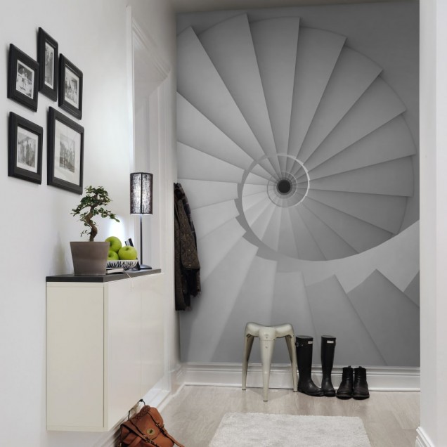 Tapet cu design geometric, cu o scara in spirala, in nuante de gri,  in interiorul unui spatiu modern.