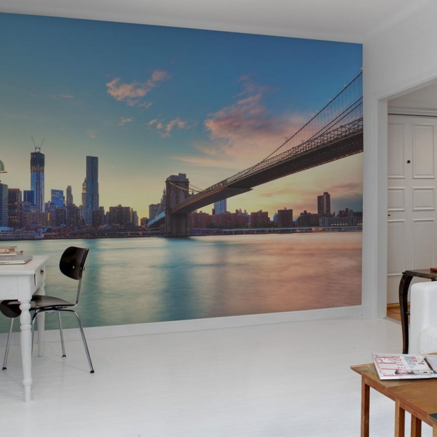 East River tapet, imagine cu Podul Brooklyn si orasul New York la apus