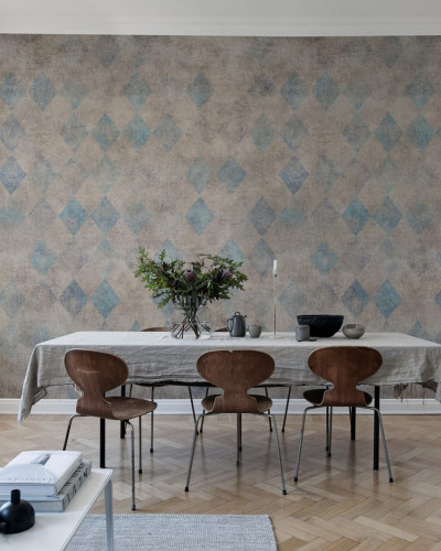 Tapet cu design geometric modern, în nuanțe de gri și albastru, Patinated Diamonds