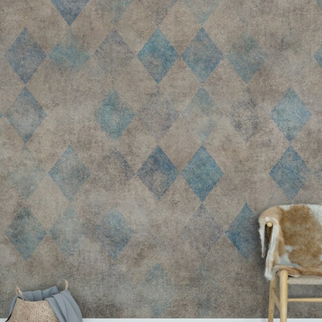Tapet cu design geometric modern, în nuanțe de gri și albastru, Patinated Diamonds