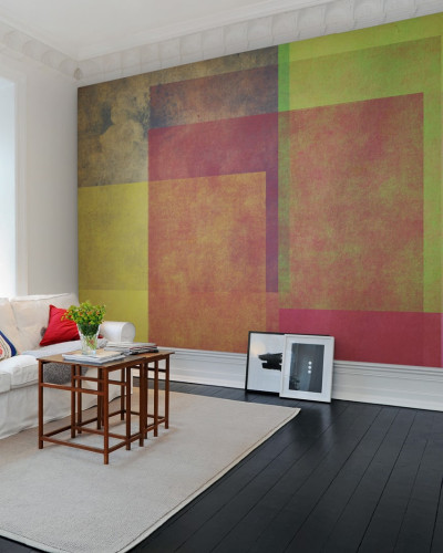 Tapet modern cu un design abstract format din forme geometrice suprapuse și culori calde.