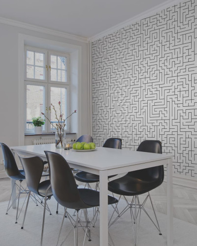 Tapet cu design de labirint, în culori neutre, ideal pentru living, dormitor sau sală de mese
