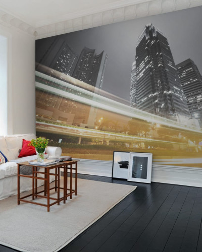 Fototapet cu design urban, cladiri si lumini in miscare