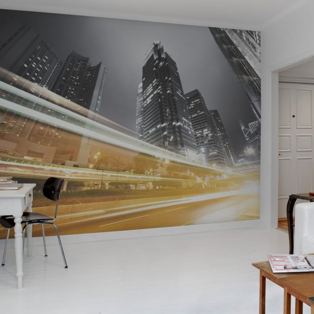 Fototapet cu design urban, cladiri si lumini in miscare