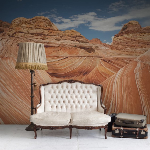 Imagine cu un tapet pe perete cu motive naturale in culori calde, cu un decor modern de living