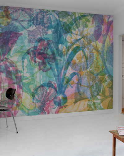 Tapet cu design floral abstract in culori vibrante, perfect pentru a crea un decor unic.