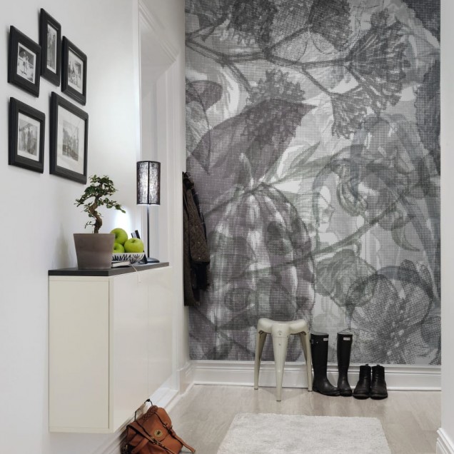 Tapet Jelly Belly Plants, Black & White, cu design geometric minimalist in nuante de gri si alb.