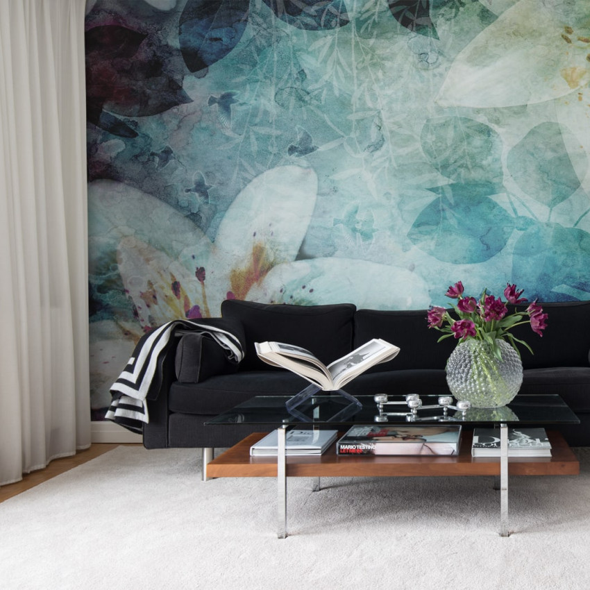 Tapet floral abstract, Garden of Dreams, Black & White, design gri si alb, flori delicate
