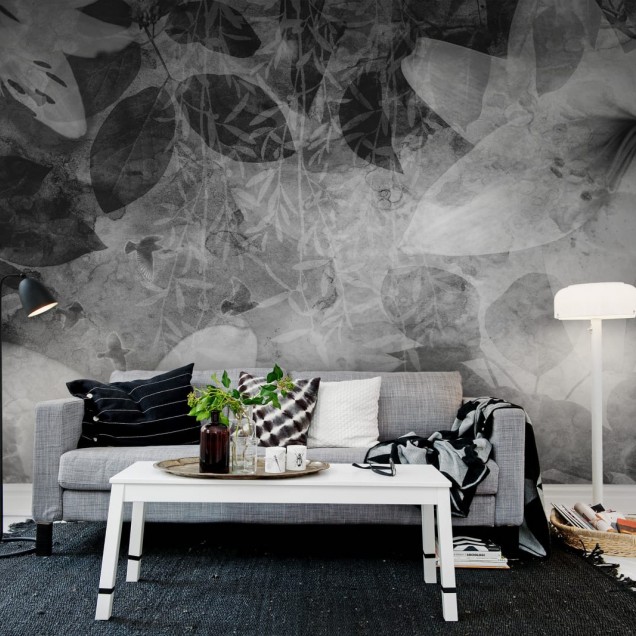 Tapet floral abstract, Garden of Dreams, Black & White, design gri si alb, flori delicate