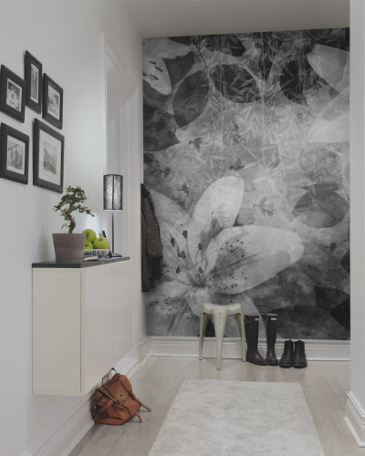 Tapet floral abstract, Garden of Dreams, Black & White, design gri si alb, flori delicate
