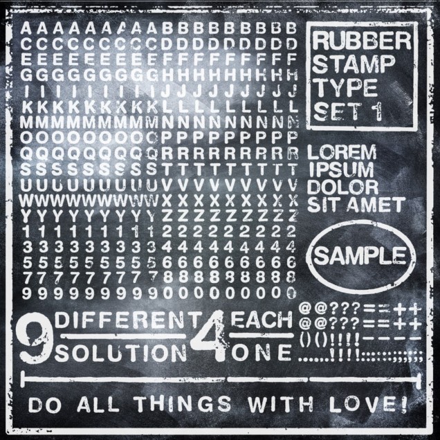 Tapet Rubber Stamp, negru, cu design grafic minimalist, cu ștampile de litere, cifre și simboluri din font clasic, imprimate pe un fundal gri.