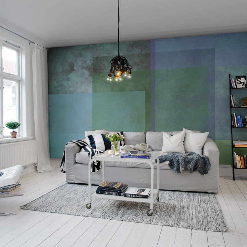 Tapet modern cu un design abstract format din forme geometrice suprapuse și culori calde.