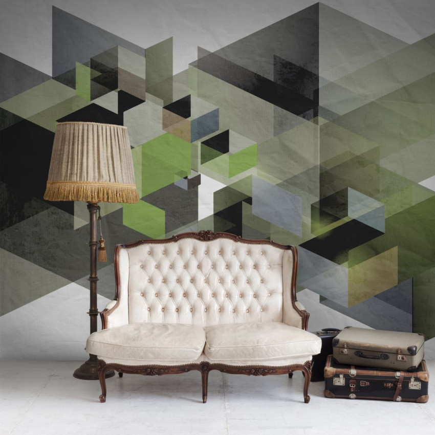 Fototapet cu design geometric în nuanțe de albastru și gri