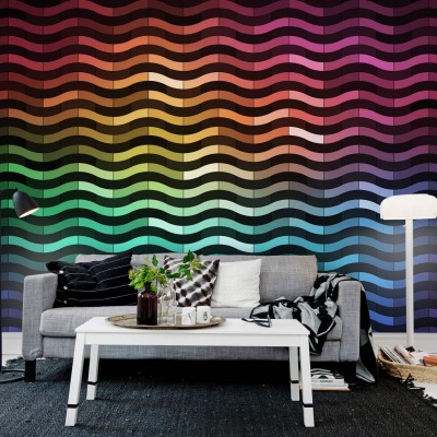 Tapet geometric abstract cu linii curbate in culori vii.
