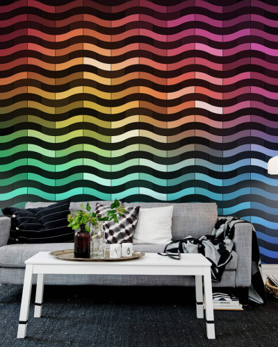 Tapet geometric abstract cu linii curbate in culori vii.