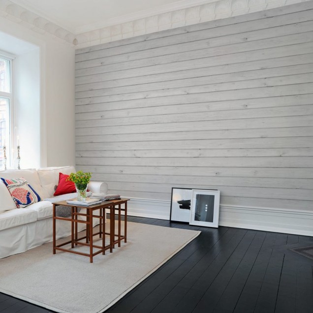 Tapet 3D cu aspect de lemn alb, cu textura reala, pentru un aspect rustic si elegant.