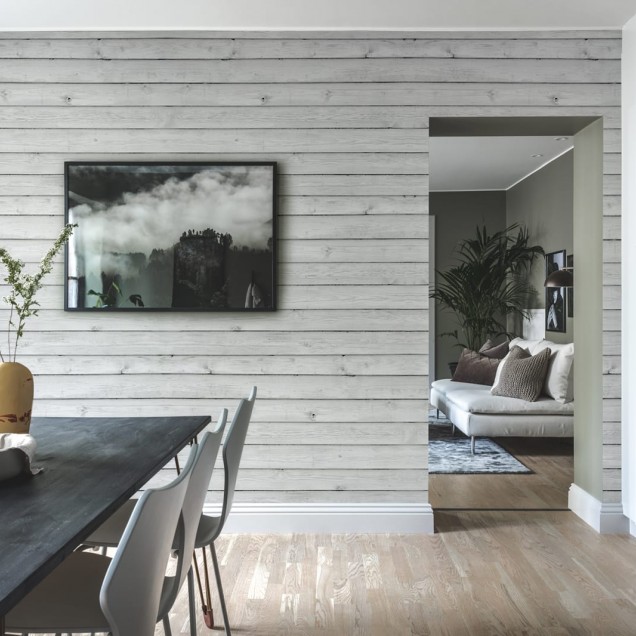 Tapet 3D cu aspect de lemn alb, cu textura reala, pentru un aspect rustic si elegant.