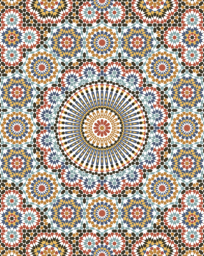 Tapet geometric cu model islamic, în culori vibrante, aplicat pe un perete din interiorul unei case.