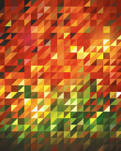 Tapet geometric abstract Slanted cu culori calde,  pe un perete din spatele unei canapele negre