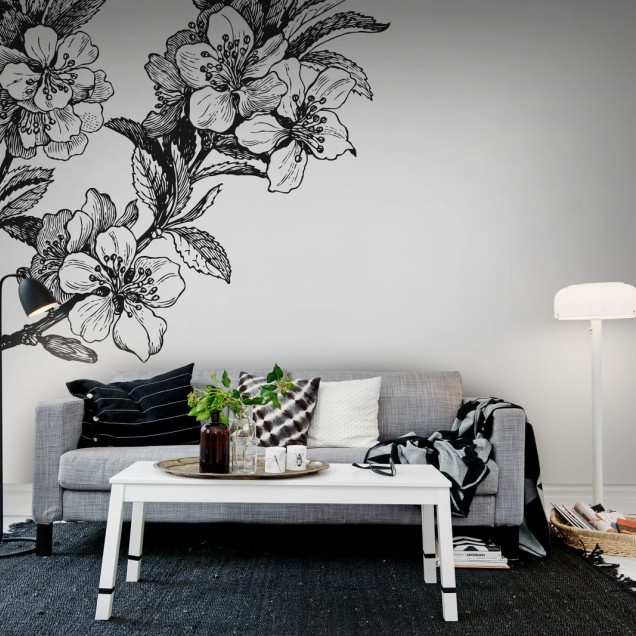 Tapet floral alb-negru, design minimalist