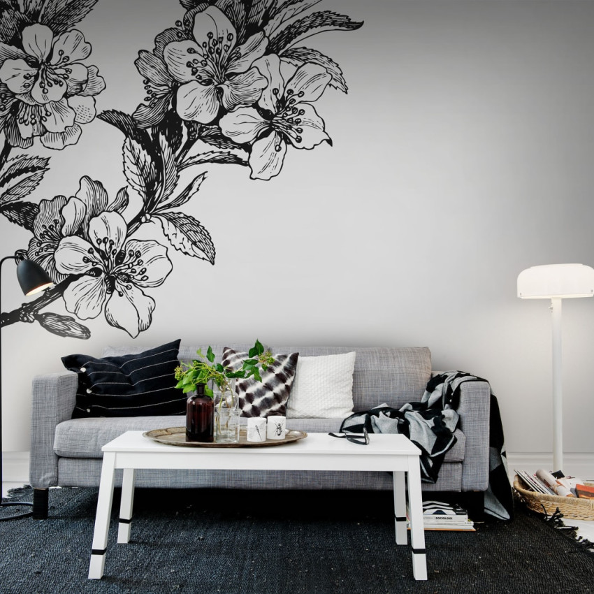 Fototapet floral minimalist cu flori roz pe fundal alb