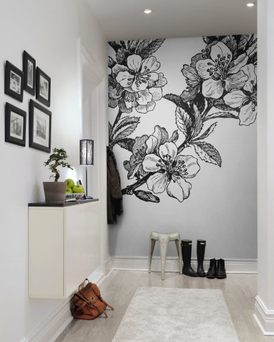 Tapet floral alb-negru, design minimalist