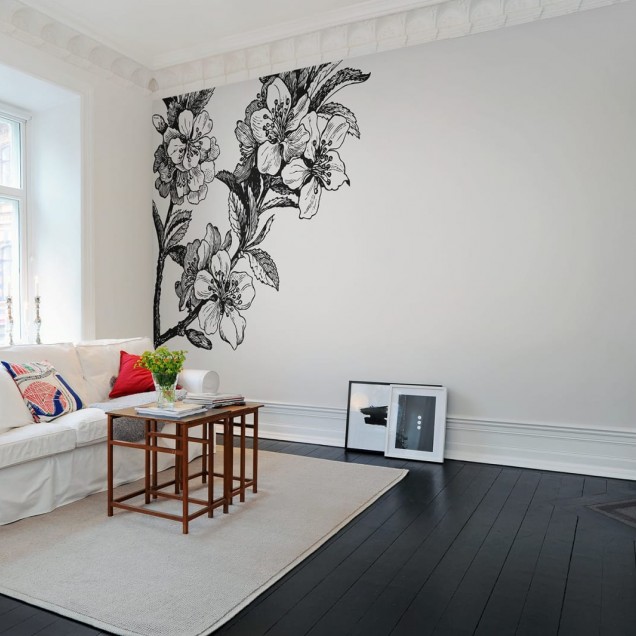 Tapet floral alb-negru, design minimalist