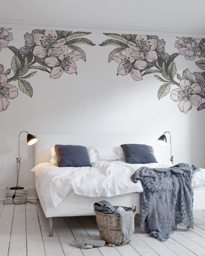 Fototapet floral minimalist cu flori roz pe fundal alb