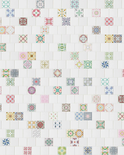 Wallpaper cu model geometric vintage, cu accente de culoare vibrante, decorand o bucatarie moderna cu masa si scaune roz