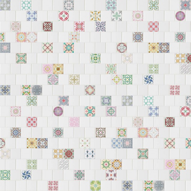 Wallpaper cu model geometric vintage, cu accente de culoare vibrante, decorand o bucatarie moderna cu masa si scaune roz