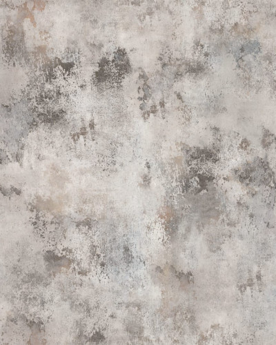 Tapet 3D Patina, cu aspect de beton, într-un dormitor cu pat dublu, cu lenjerie de pat albastră, perne decorative și o canapea cu o pătură de blană