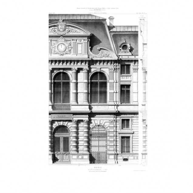Tapet cu design clasic ce prezintă o clădire cu arhitectură bogată în negru și alb.