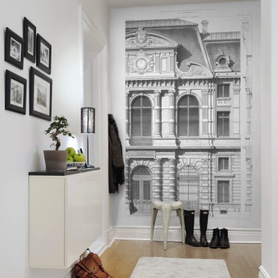 Tapet cu design clasic ce prezintă o clădire cu arhitectură bogată în negru și alb.