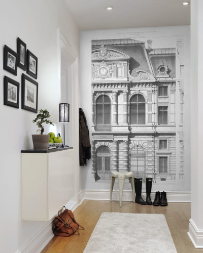 Tapet cu design clasic ce prezintă o clădire cu arhitectură bogată în negru și alb.