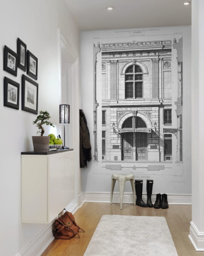 Tapet cu desen al unei clădiri clasice, în stil minimalist, cu design elegant.