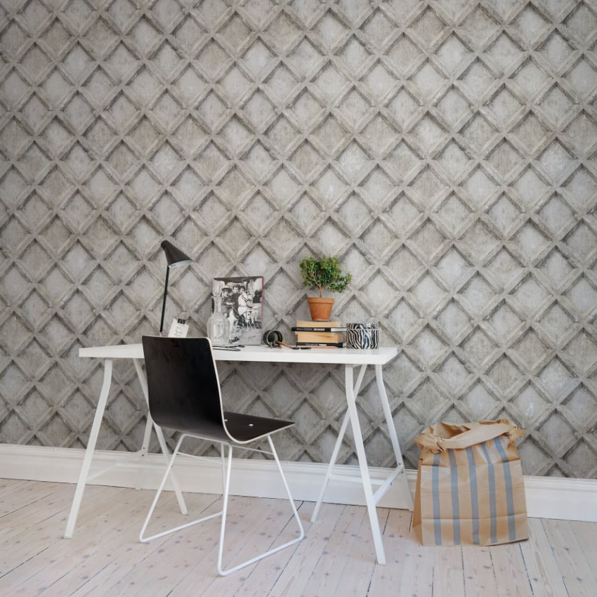 Tapet cu model de beton gri, cu design geometric subtil si efect 3D. Perfect pentru hol, dormitor sau sufragerie.