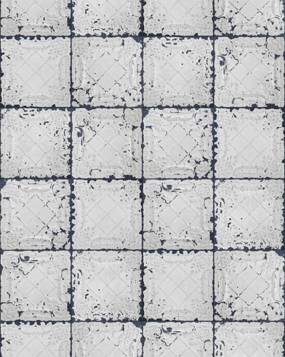 Tapet cu design industrial, cu un model de placi de tinea, in nuante de gri si alb.