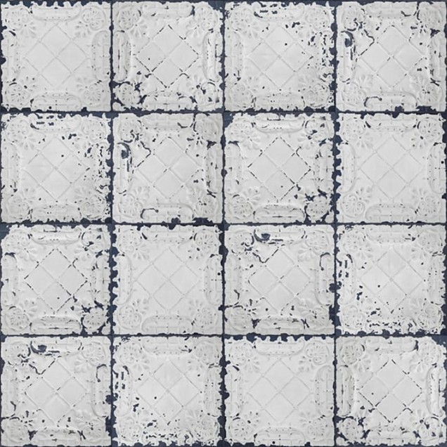 Tapet cu design industrial, cu un model de placi de tinea, in nuante de gri si alb.