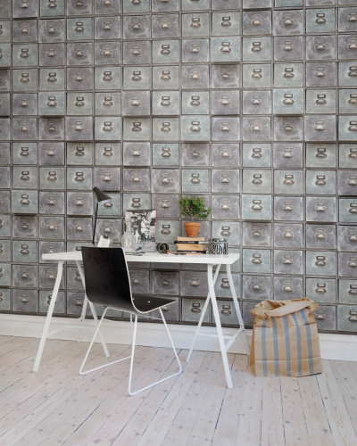Tapet cu design vintage cu sertare metalice, ideal pentru un decor industrial.