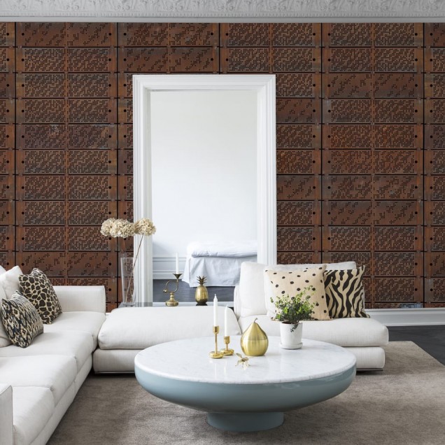 Wallpaper Punch Cards, cu design industrial modern, inspirat de cartonasele perforate, cu textură metalică.