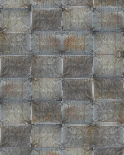 Tapet industrial cu aspect rustic din plăci de tablă, cu finisaje ruginite.