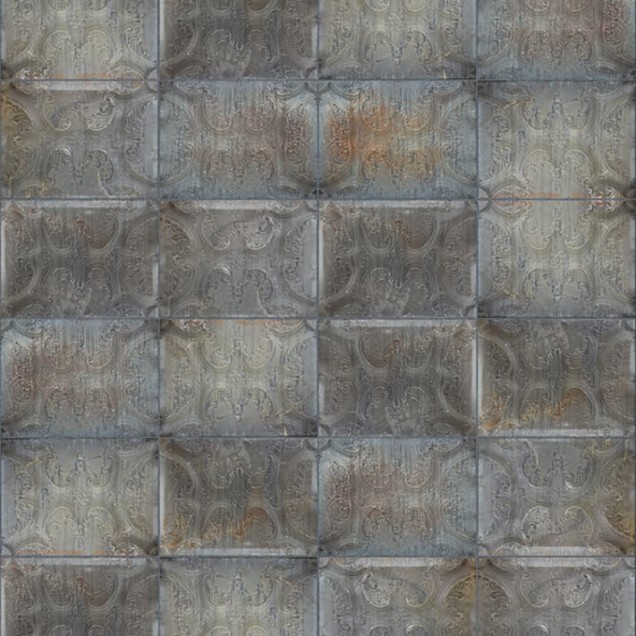 Tapet industrial cu aspect rustic din plăci de tablă, cu finisaje ruginite.