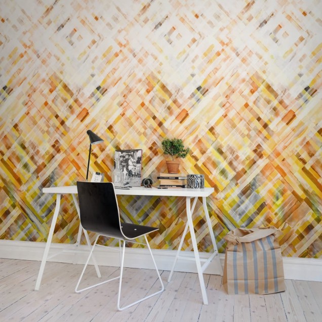 Tapet geometric Dream Weaver, cu design modern și culori calde de galben și alb.
