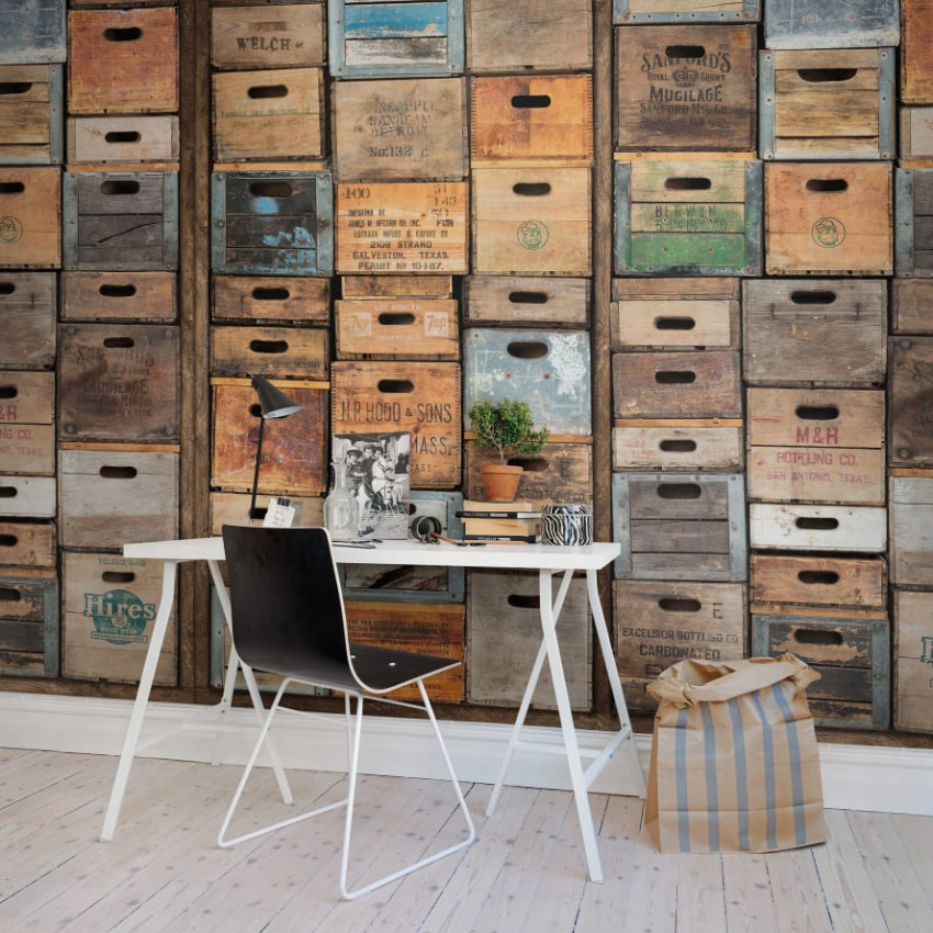 Tapet cutii vintage, design industrial urban, cutii din lemn, aspect eclectic, texturi autentice, tonuri calde